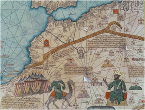Détail de l’Atlas Catalan d’Abraham Cresques, 1375 ; y est représenté le Mansa (roi) Moussa de l’empire du Mali, qui aurait régné de 1312 à 1337